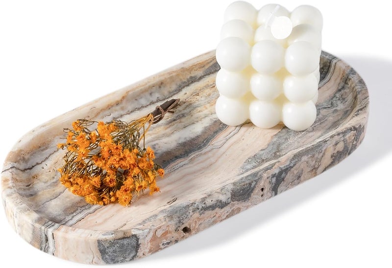 Koville 10"x5" Marble Vanity Tray for Bathroom Kitchen Countertop, Natural Marble Trays for Home Decor, Perfume Organizer Jewelry Dish, Stone Tray for Dresser, Decorative Candles Trays - Image 1